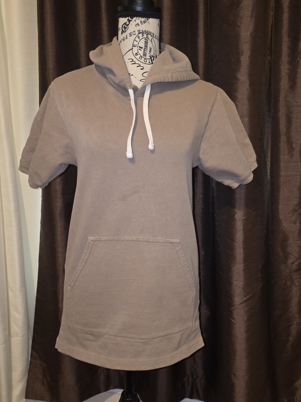 American Apparel Short-Sleeve Hoodie in Taupe with White Drawstrings XS